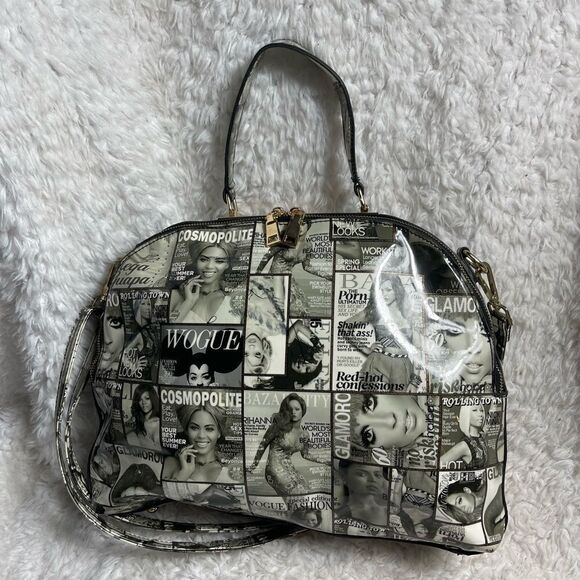 Glossy Magazine Black and White collage large dome Satchel/shoulder bag . - Picture 1 of 13